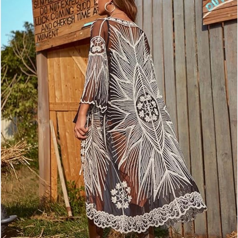 Black white stitch mesh kimono coverup OS